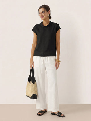 LINTICO YVONNE 100% linen cap sleeve blouse with soft fold collar in charcoal black, stylish and breathable top for casual wear.