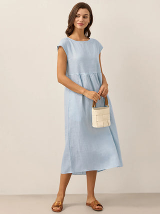 LINTICO Joan baby blue linen maxi dress with cap sleeves, washed finish, flowing midi length, perfect for casual summer wear.