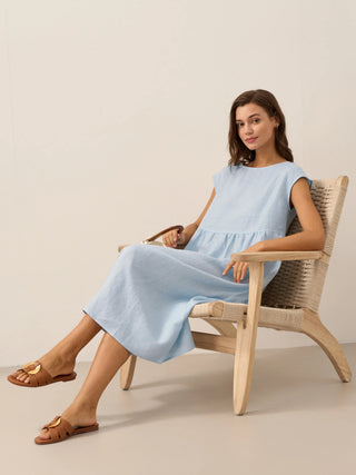 LINTICO Joan baby blue 100% linen cap sleeve washed maxi dress, midi length, lightweight and breathable for casual wear.