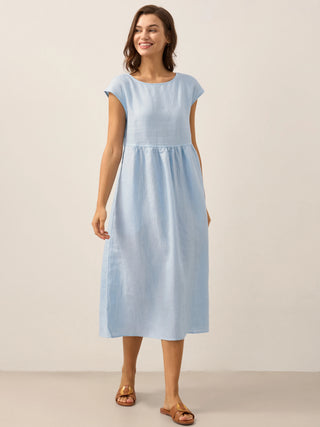 LINTICO Joan baby blue linen maxi dress with cap sleeves, washed finish, flowing midi length, perfect for casual summer wear.