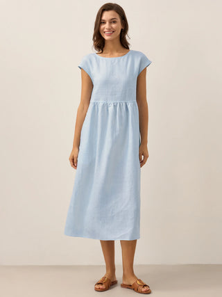 LINTICO Joan baby blue linen maxi dress with cap sleeves, washed finish, flowing midi length, perfect for warm weather.