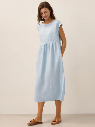 Baby blue linen maxi dress with cap sleeves from LINTICO, featuring a washed finish and a relaxed, flowy design.