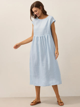 LINTICO baby blue linen maxi dress with cap sleeves, washed finish, flowing midi style perfect for casual or summer wear.