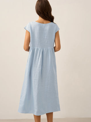 LINTICO baby blue linen maxi dress with cap sleeves, washed finish, casual midi style, perfect for warm weather.