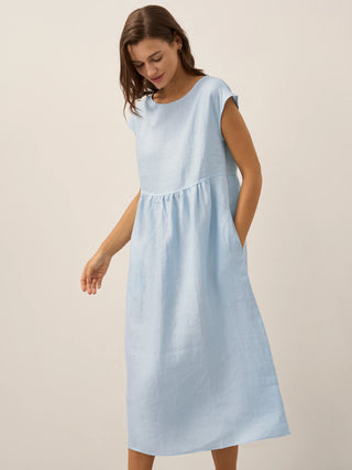LINTICO Joanna baby blue linen maxi dress with cap sleeves, washed finish, midi length, lightweight and breathable for warm weather.