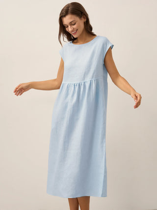 LINTICO baby blue linen maxi dress with cap sleeves, washed finish, featuring a relaxed midi dress style.