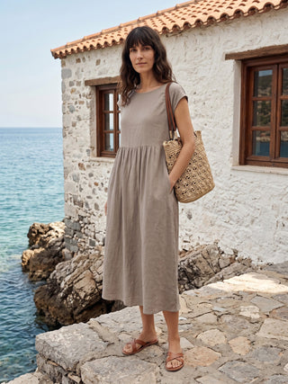 LINTICO Joan washed linen maxi dress with cap sleeves in cloud grey, casual and comfortable for warm weather.