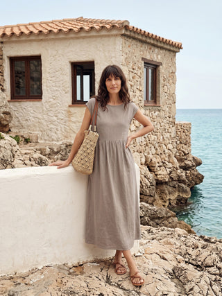LINTICO Joan linen maxi dress with cap sleeves in washed cloud grey fabric, flowing midi length, lightweight and casual.