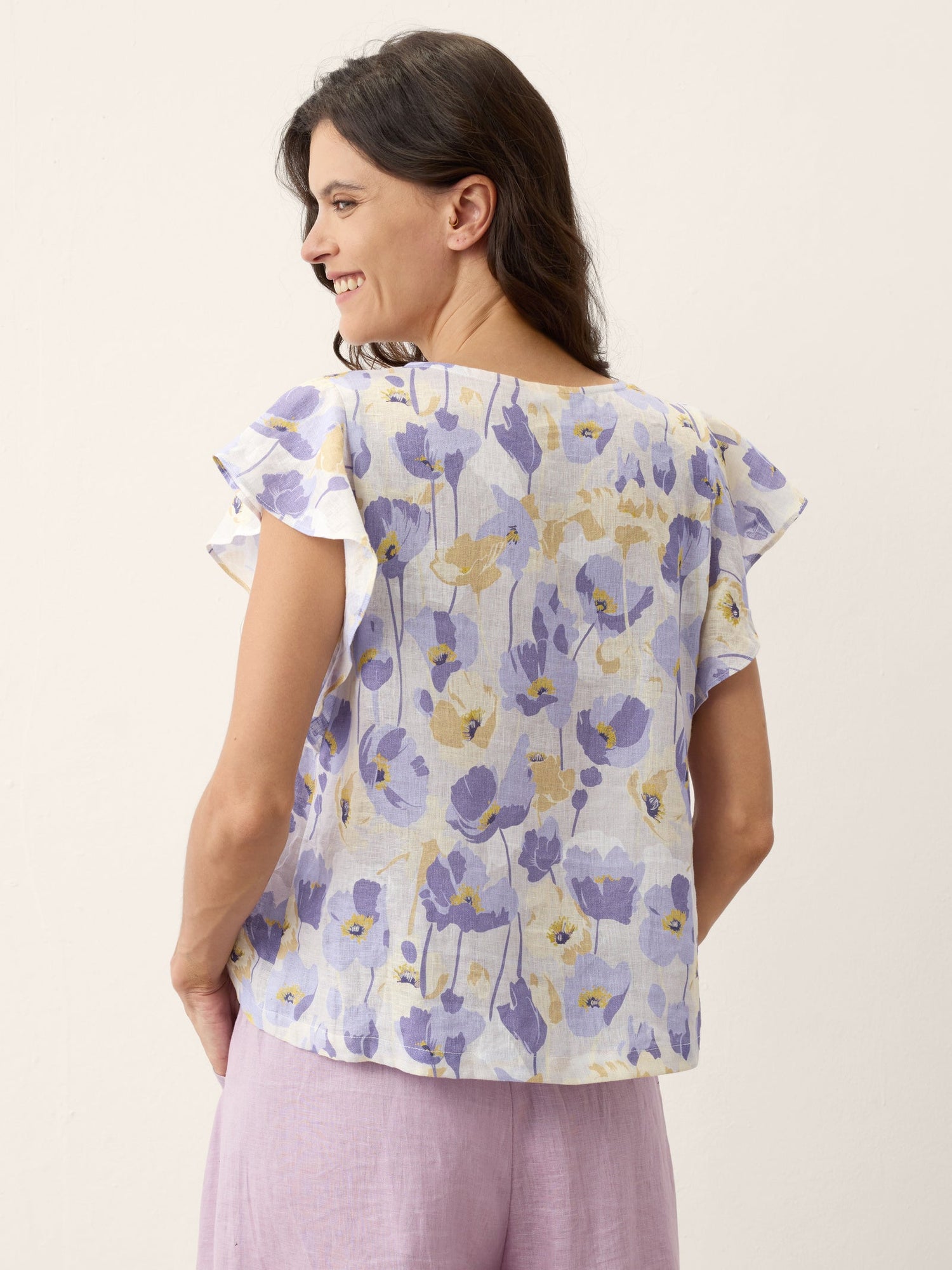 100% Linen Carnation Print Flutter Sleeve Top ELEANORA - Glamourous Grace