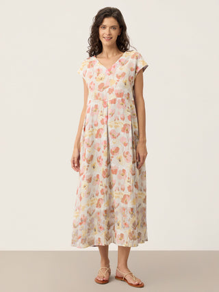 LINTICO Harriet linen maxi dress with carnation print, scalloped waist, and garden blush color, perfect for summer occasions.