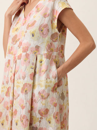 LINTICO Harriet linen maxi dress with carnation print, scalloped waist, midi length, perfect for garden or casual wear.