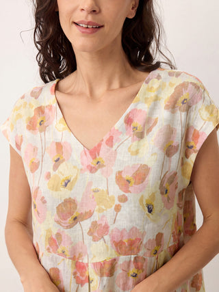 Linen maxi dress with carnation print, scalloped waist, from LINTICO's Harriet collection, in garden blush color.