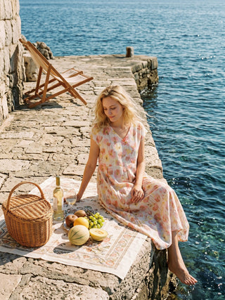 LINTICO Harriet maxi dress with 100% linen, carnation print, scalloped waist, midi length, perfect for garden or casual wear.