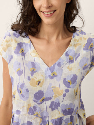 LINTICO Harriet linen maxi dress with carnation print, scalloped waist, perfect for summer or garden outings.