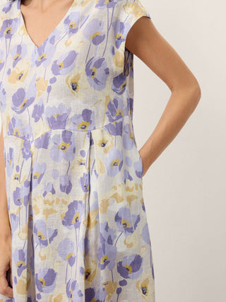 LINTICO Harriet linen maxi dress with carnation print, scalloped waist, and garden violet color, perfect for summer or casual wear.