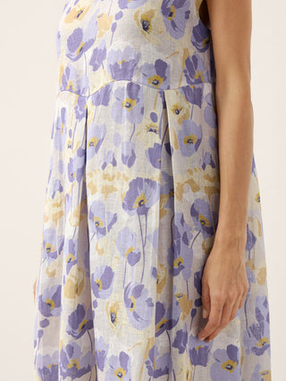 LINTICO Harriet linen maxi dress with carnation print, scalloped waist, midi length, perfect for spring garden wear.