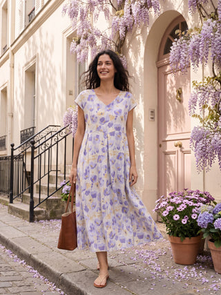LINTICO Harriet linen maxi dress with carnation print, scalloped waist, midi length, perfect for garden or casual wear.