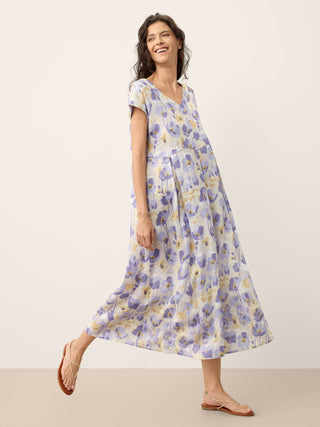 LINTICO Harriet linen maxi dress with carnation print, scalloped waist, perfect for summer, shown in garden violet.