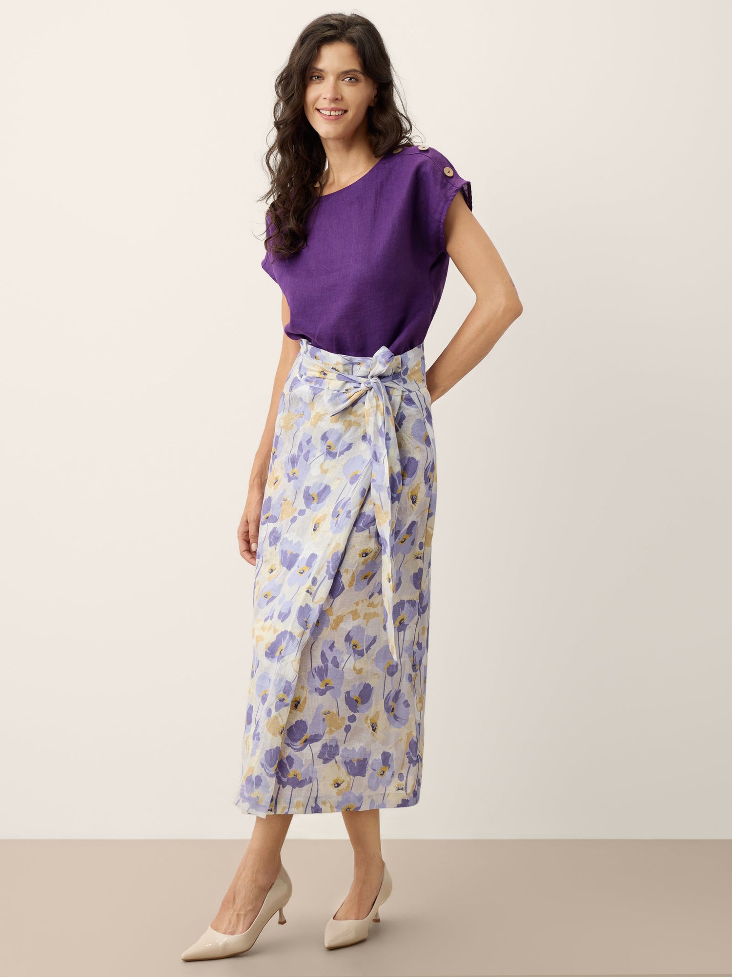 100% Linen Adjustable Wrap-Tie Carnation Print Skirt FRANCESCA - Glamourous Grace