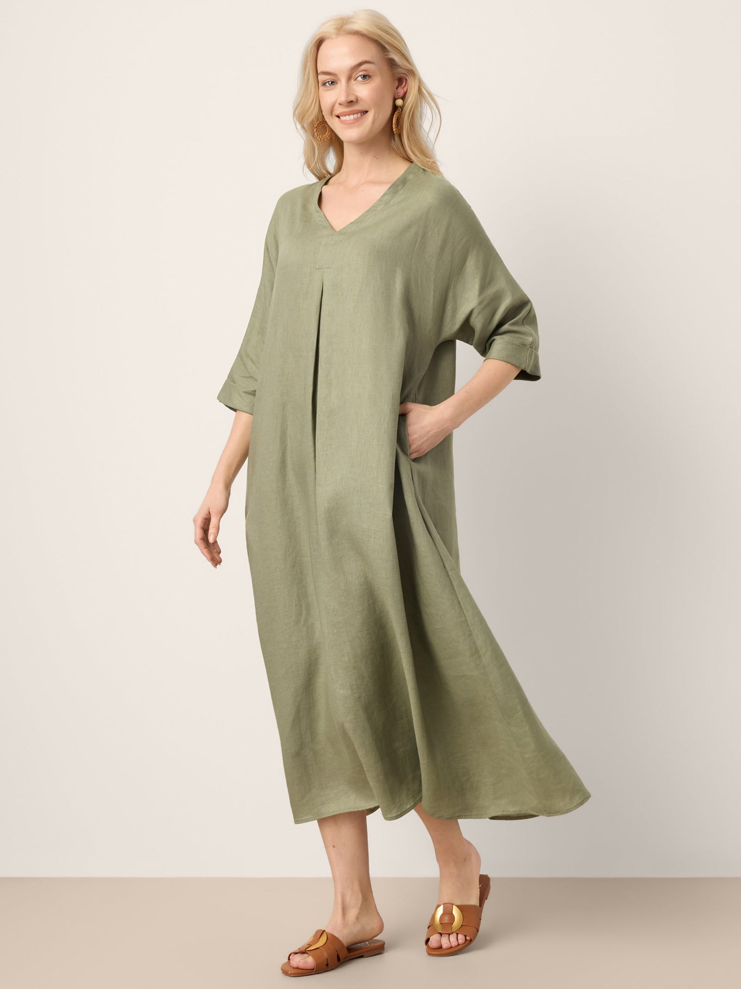 100% Linen Center Pleat V-Neck Cuffed Sleeve Maxi Dress ZENOBIA - Glamourous Grace
