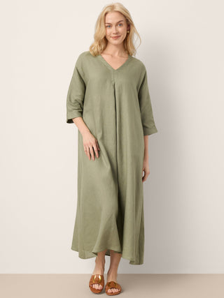 100% Linen Center Pleat V-Neck Cuffed Sleeve Maxi Dress ZENOBIA