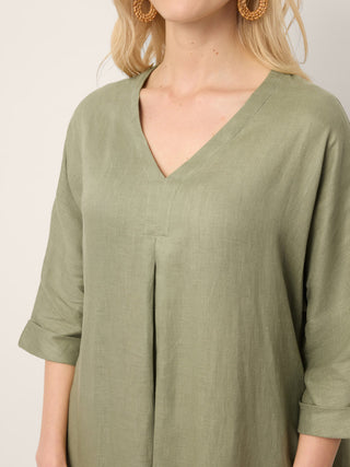 100% Linen Center Pleat V-Neck Cuffed Sleeve Maxi Dress ZENOBIA