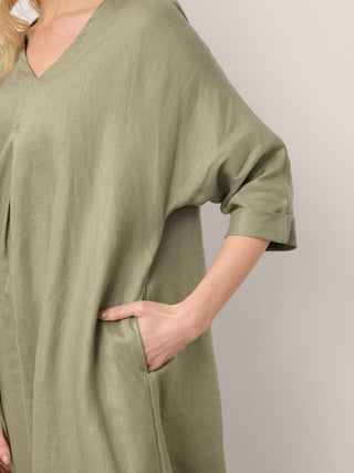 100% Linen Center Pleat V-Neck Cuffed Sleeve Maxi Dress ZENOBIA