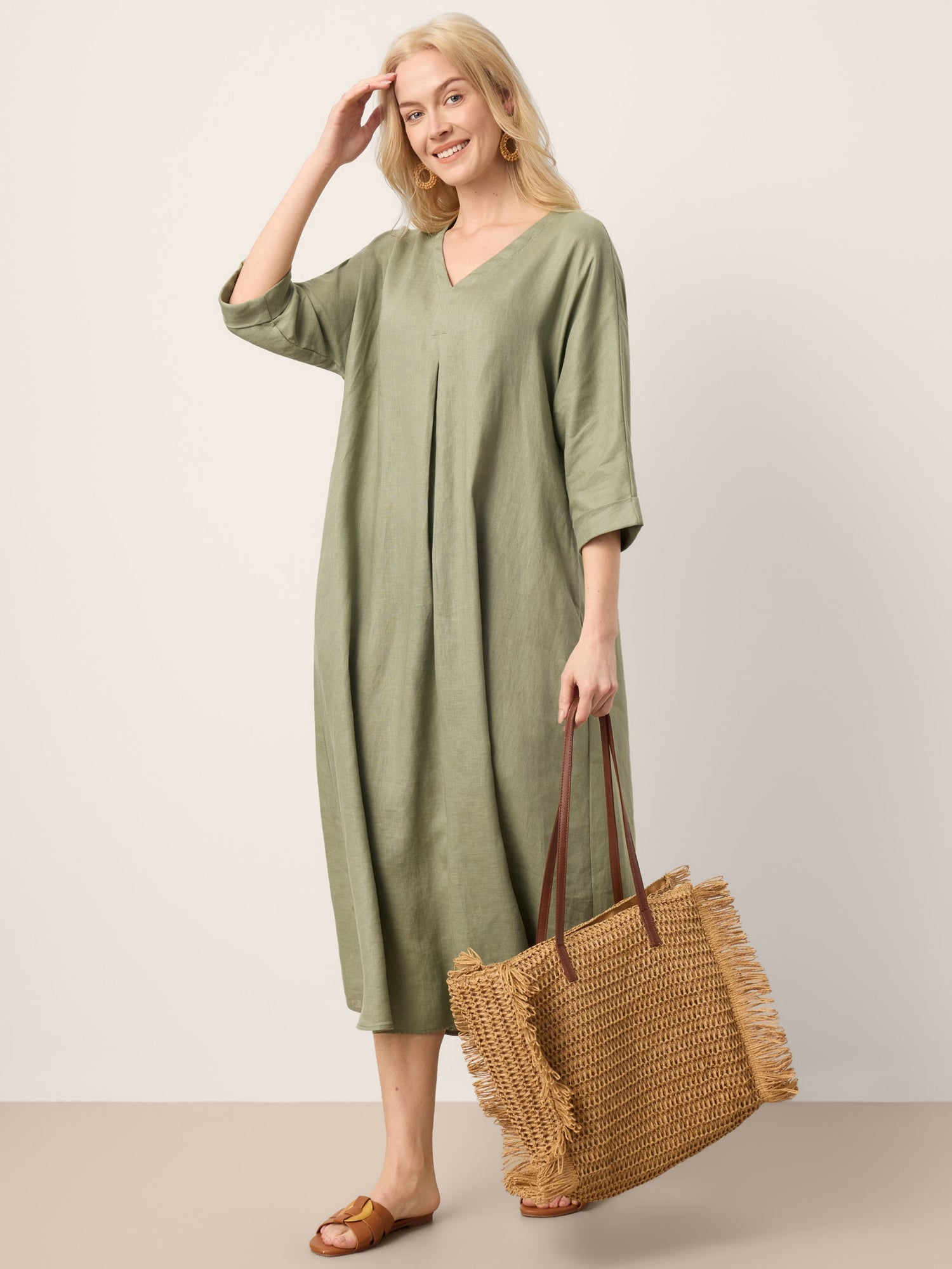 100% Linen Center Pleat V-Neck Cuffed Sleeve Maxi Dress ZENOBIA - Glamourous Grace