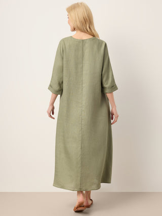 100% Linen Center Pleat V-Neck Cuffed Sleeve Maxi Dress ZENOBIA