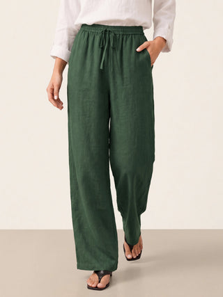 LINTICO 100% linen classic pants in evergreen color, tailored fit, featuring a relaxed waistband and straight-leg design.
