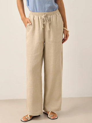 Khaki 100% linen classic pants from LINTICO, stylish and breathable bottoms with a tailored fit, perfect for casual or workwear.