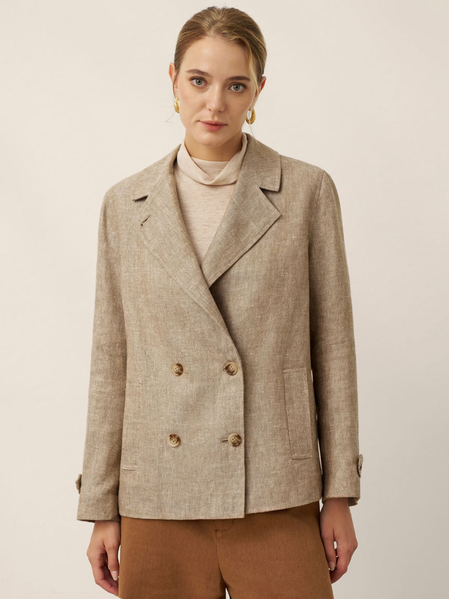 100% Linen Convertible Stand Collar Double Breasted Blazer Jacket NAOMI - Glamourous Grace