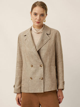 100% Linen Convertible Stand Collar Double Breasted Blazer Jacket NAOMI
