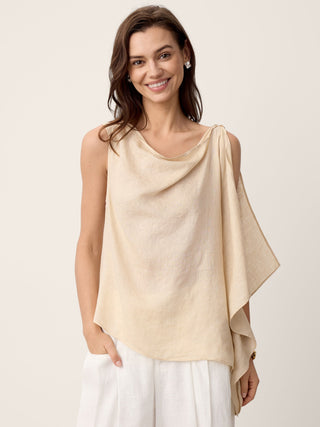 LINTICO Pale Ecru linen cowl-neck asymmetric top with relaxed fit, designed for casual and elegant look.