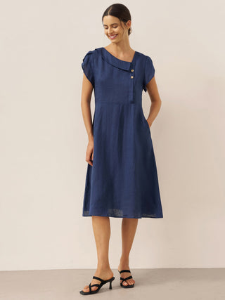 100% Linen Crescent Collar Flutter Sleeve Midi Dress FIONA - Glamourous Grace