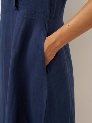 100% Linen Crescent Collar Flutter Sleeve Midi Dress FIONA - Glamourous Grace