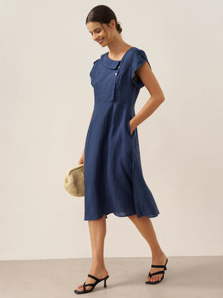 100% Linen Crescent Collar Flutter Sleeve Midi Dress FIONA - Glamourous Grace