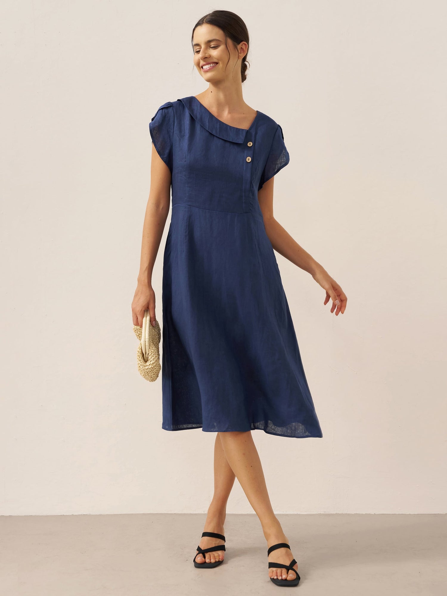 100% Linen Crescent Collar Flutter Sleeve Midi Dress FIONA - Glamourous Grace