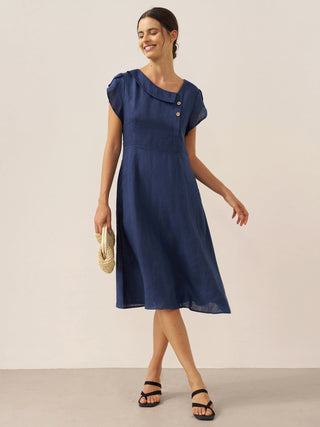 100% Linen Crescent Collar Flutter Sleeve Midi Dress FIONA - Glamourous Grace