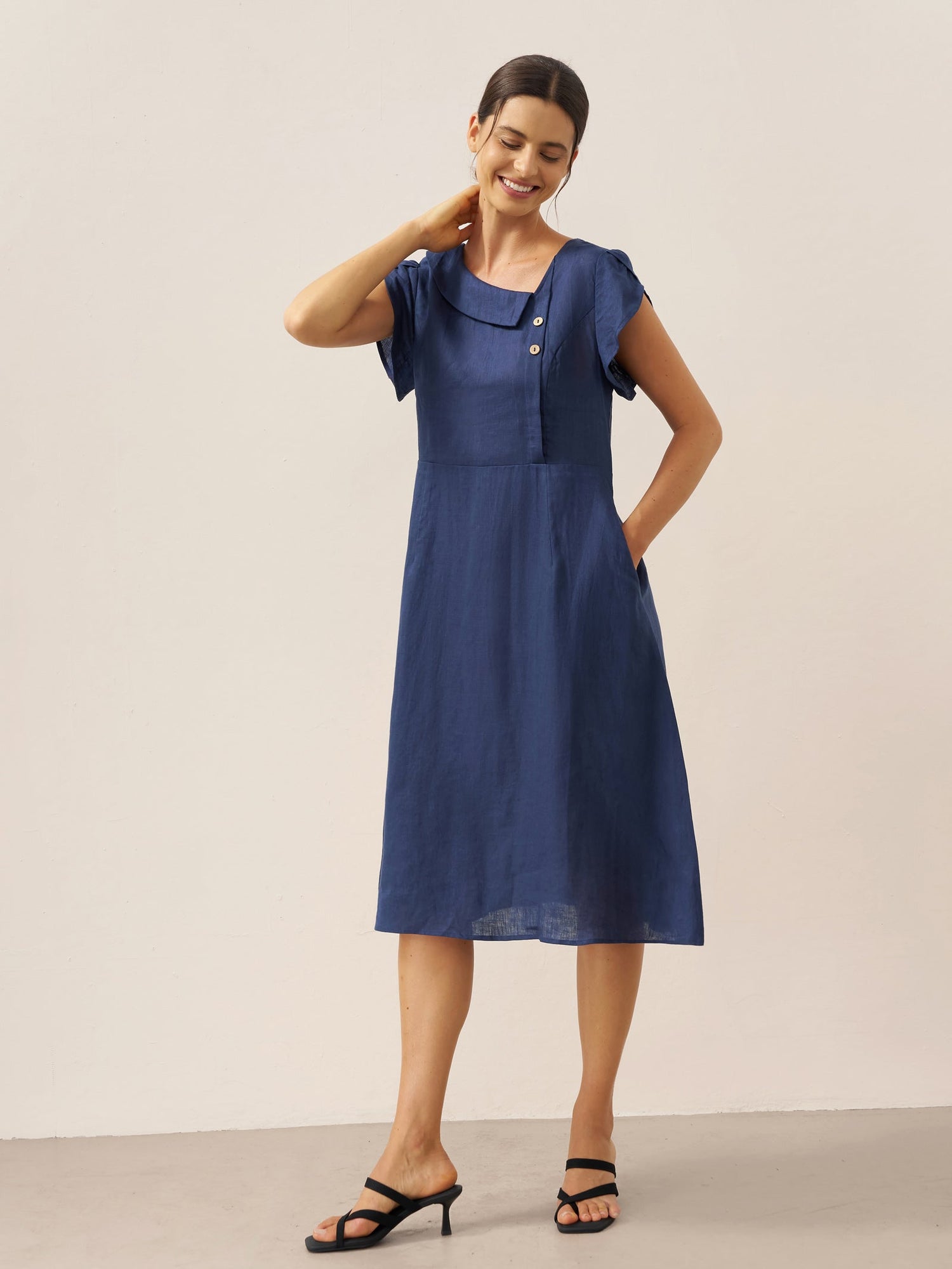 100% Linen Crescent Collar Flutter Sleeve Midi Dress FIONA - Glamourous Grace