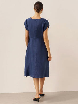 100% Linen Crescent Collar Flutter Sleeve Midi Dress FIONA - Glamourous Grace