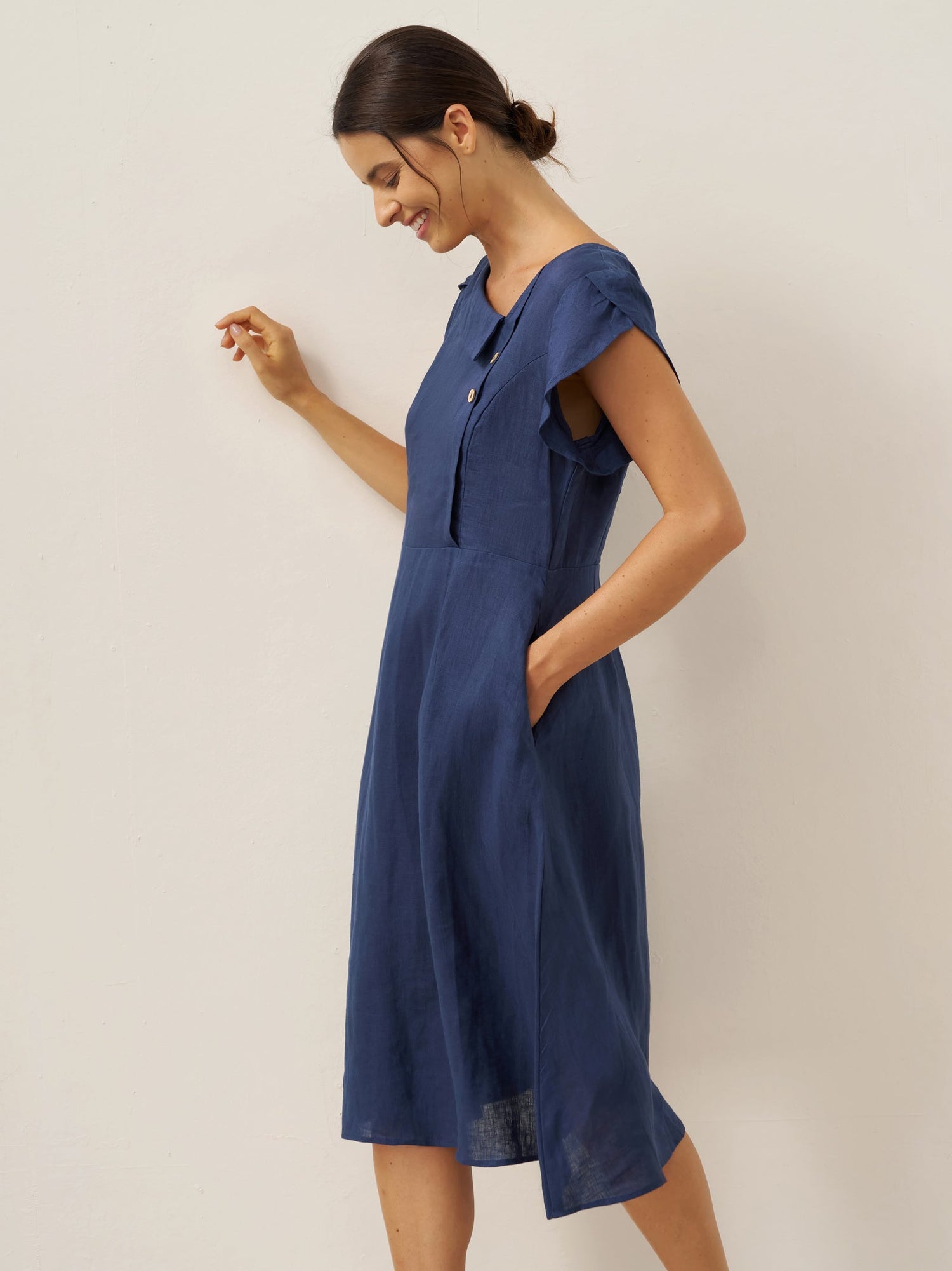 100% Linen Crescent Collar Flutter Sleeve Midi Dress FIONA - Glamourous Grace