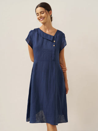 100% Linen Crescent Collar Flutter Sleeve Midi Dress FIONA - Glamourous Grace