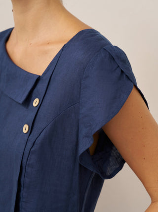 100% Linen Crescent Collar Flutter Sleeve Midi Dress FIONA - Glamourous Grace