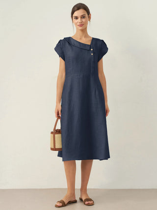 100% Linen Crescent Collar Flutter Sleeve Midi Dress FIONA - Glamourous Grace