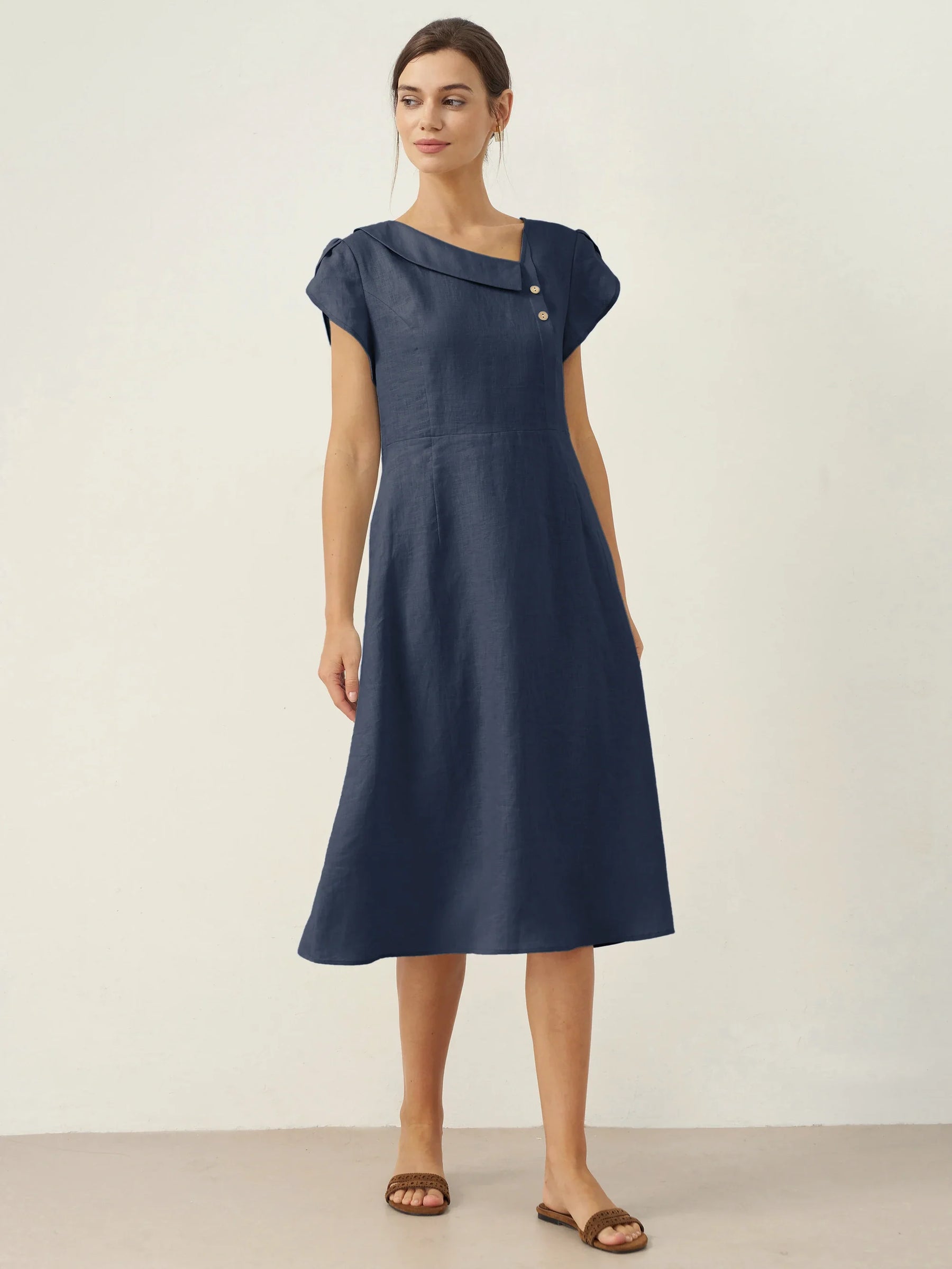 100% Linen Crescent Collar Flutter Sleeve Midi Dress FIONA - Glamourous Grace