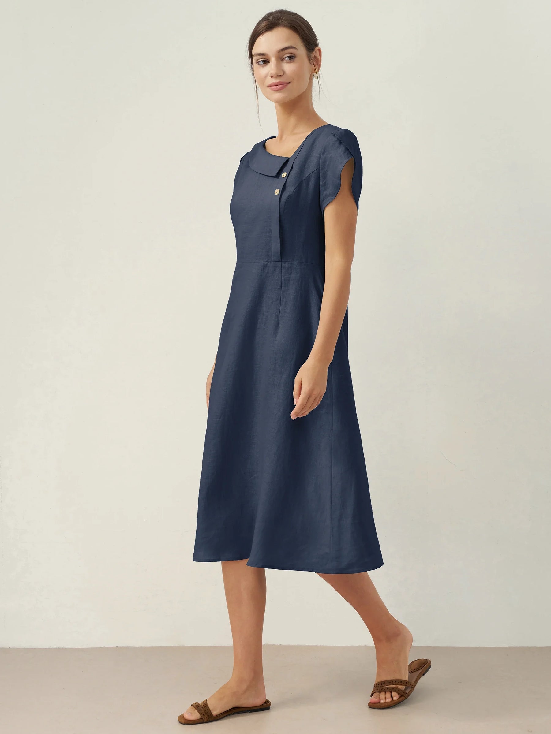 100% Linen Crescent Collar Flutter Sleeve Midi Dress FIONA - Glamourous Grace