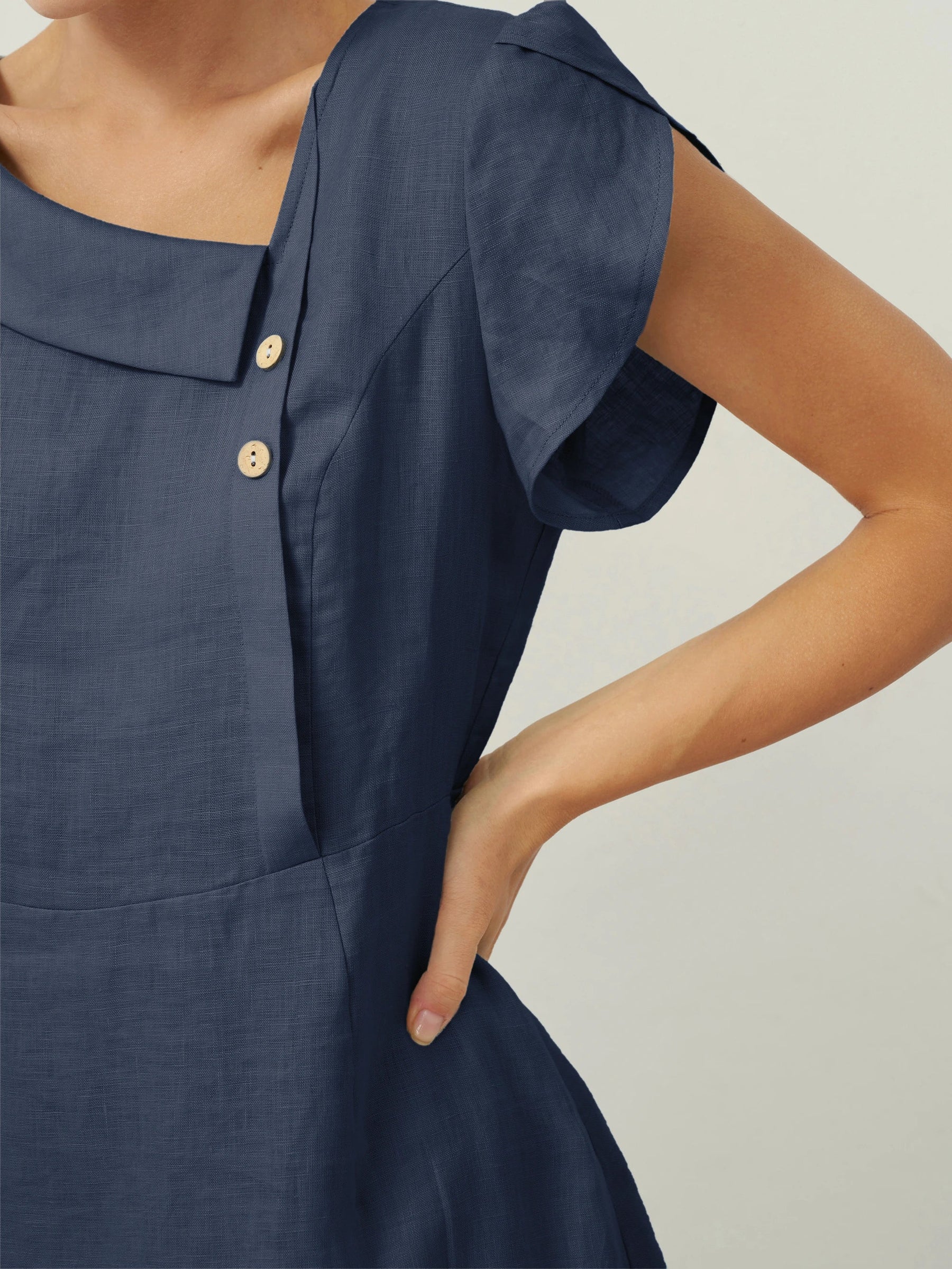 100% Linen Crescent Collar Flutter Sleeve Midi Dress FIONA - Glamourous Grace