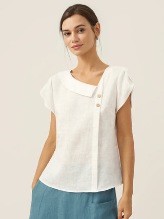 LINTICO 100% linen crescent collar flutter sleeve top in optic white, featuring a relaxed fit and lightweight fabric.