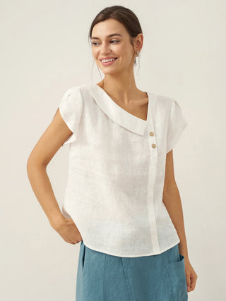 LINTICO white linen top with crescent collar and flutter sleeves, stylish blouse for casual or office wear.